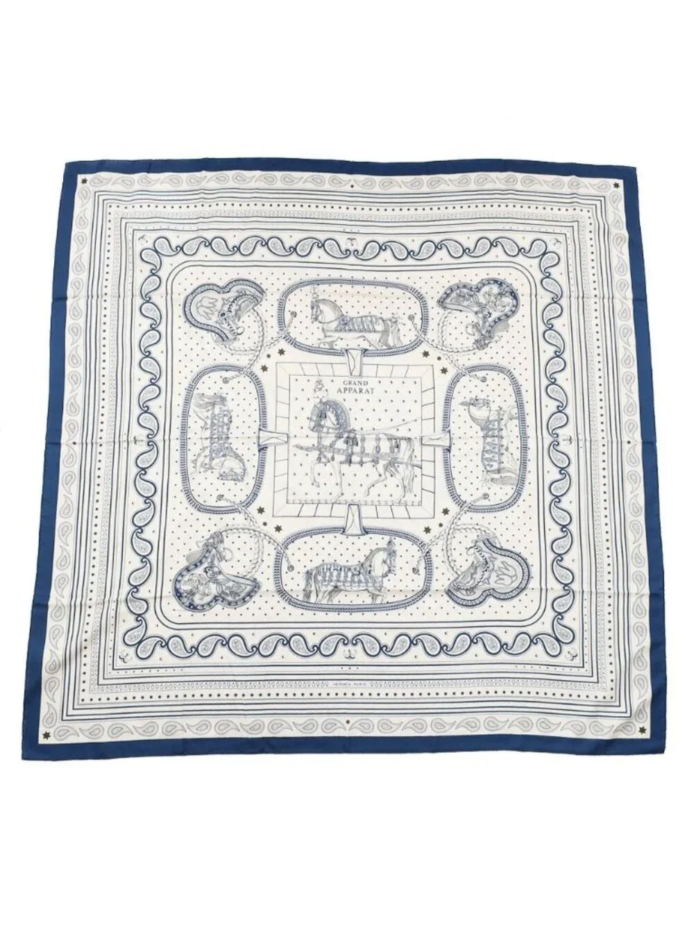 Hermes Carre Geant Grand Appara Bandana Scarf Cashmere Silk Navy